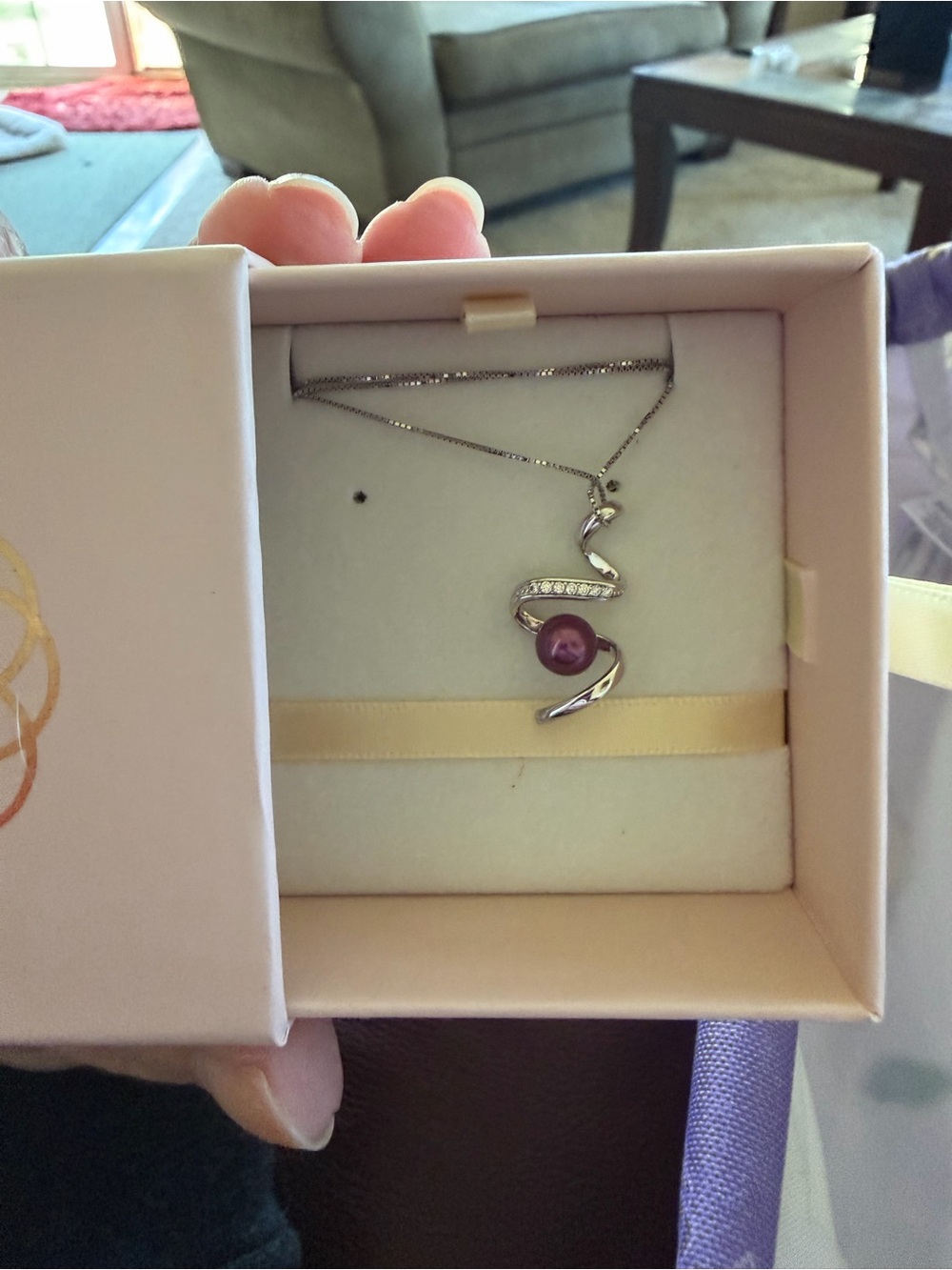 Sterling-Effect Spiral Necklace with Purple Pearl Accent
